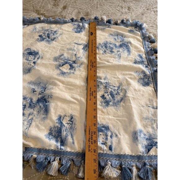 VTG Blue Toile Sm Side Table Cloth lined Tassel Trim Custom made 27in square - Picture 3 of 9